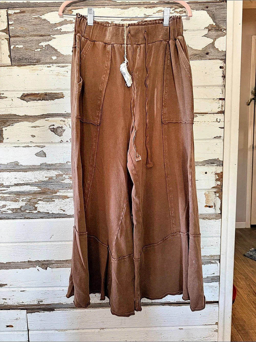 Easel Mineral Washed Terry Knit Wide Leg Pants Brown Large